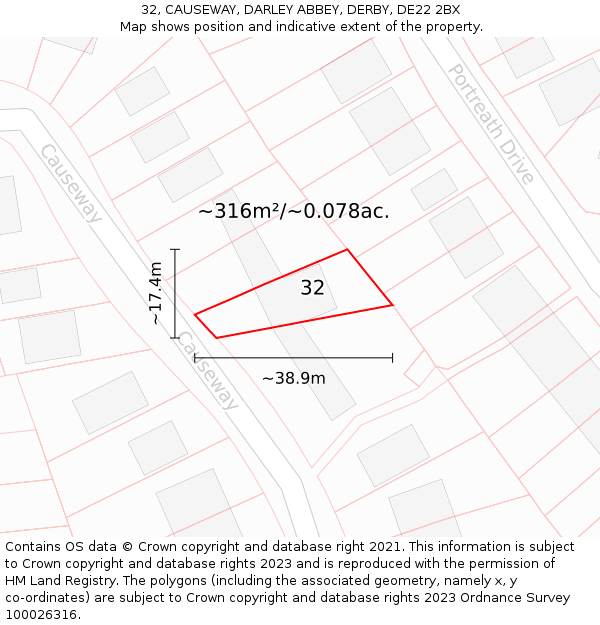 32, CAUSEWAY, DARLEY ABBEY, DERBY, DE22 2BX: Plot and title map