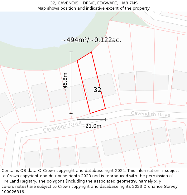 32, CAVENDISH DRIVE, EDGWARE, HA8 7NS: Plot and title map