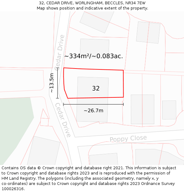 32, CEDAR DRIVE, WORLINGHAM, BECCLES, NR34 7EW: Plot and title map
