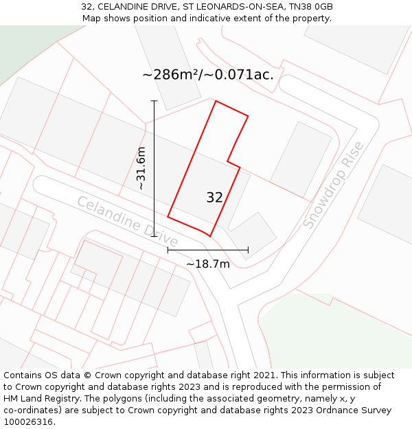32, CELANDINE DRIVE, ST LEONARDS-ON-SEA, TN38 0GB: Plot and title map