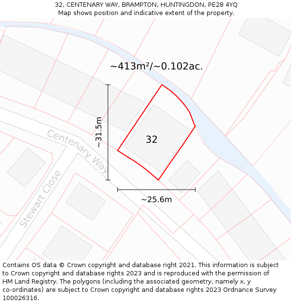 32, CENTENARY WAY, BRAMPTON, HUNTINGDON, PE28 4YQ: Plot and title map