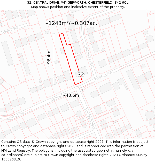 32, CENTRAL DRIVE, WINGERWORTH, CHESTERFIELD, S42 6QL: Plot and title map