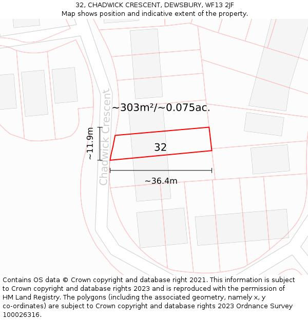 32, CHADWICK CRESCENT, DEWSBURY, WF13 2JF: Plot and title map