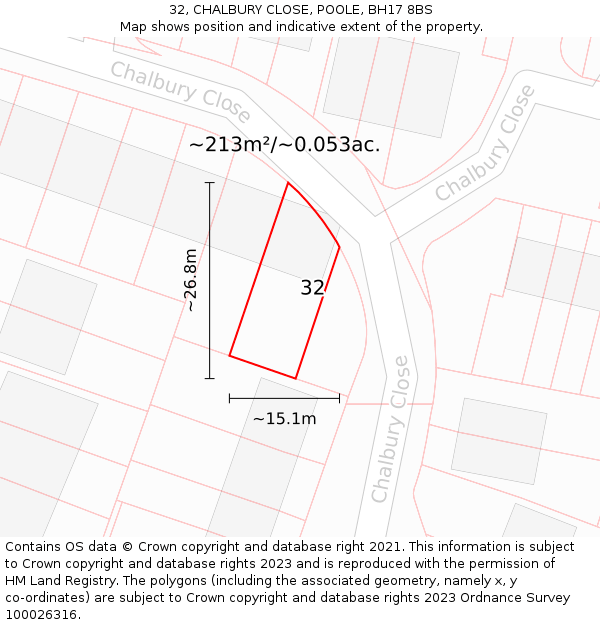 32, CHALBURY CLOSE, POOLE, BH17 8BS: Plot and title map