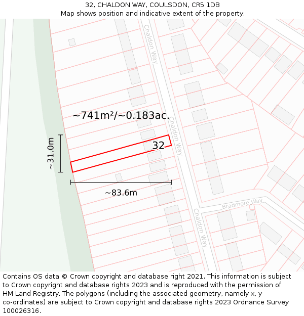 32, CHALDON WAY, COULSDON, CR5 1DB: Plot and title map