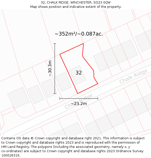 32, CHALK RIDGE, WINCHESTER, SO23 0QW: Plot and title map