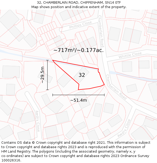 32, CHAMBERLAIN ROAD, CHIPPENHAM, SN14 0TF: Plot and title map