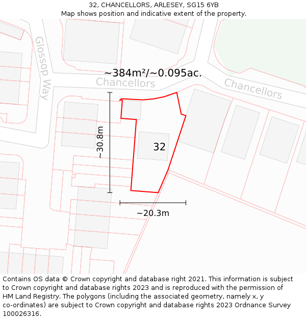 32, CHANCELLORS, ARLESEY, SG15 6YB: Plot and title map