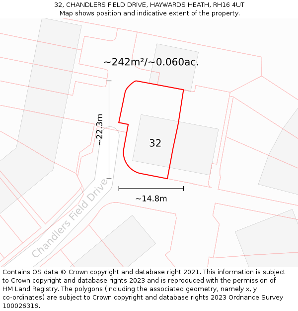 32, CHANDLERS FIELD DRIVE, HAYWARDS HEATH, RH16 4UT: Plot and title map