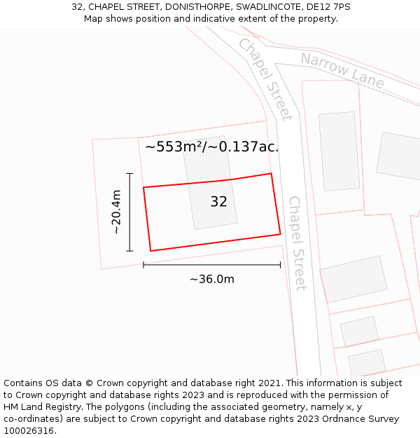 32, CHAPEL STREET, DONISTHORPE, SWADLINCOTE, DE12 7PS: Plot and title map