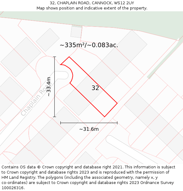32, CHAPLAIN ROAD, CANNOCK, WS12 2UY: Plot and title map