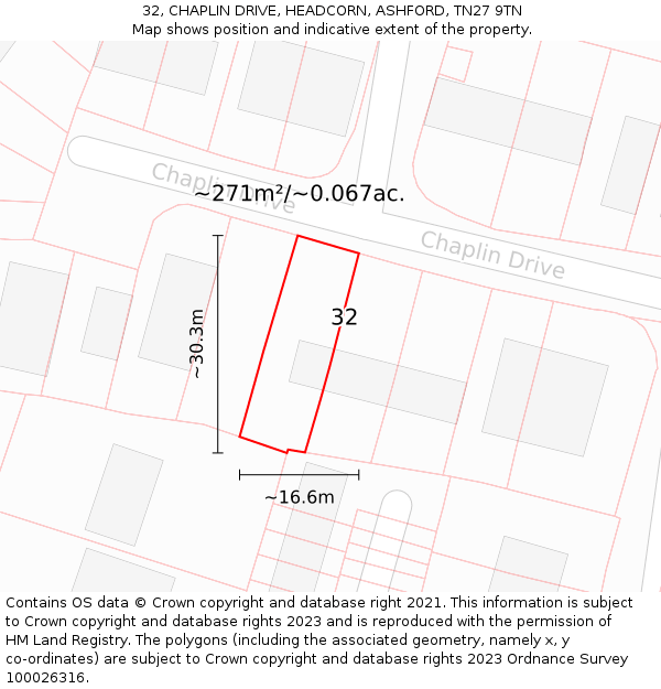 32, CHAPLIN DRIVE, HEADCORN, ASHFORD, TN27 9TN: Plot and title map