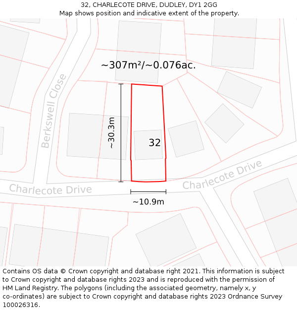 32, CHARLECOTE DRIVE, DUDLEY, DY1 2GG: Plot and title map