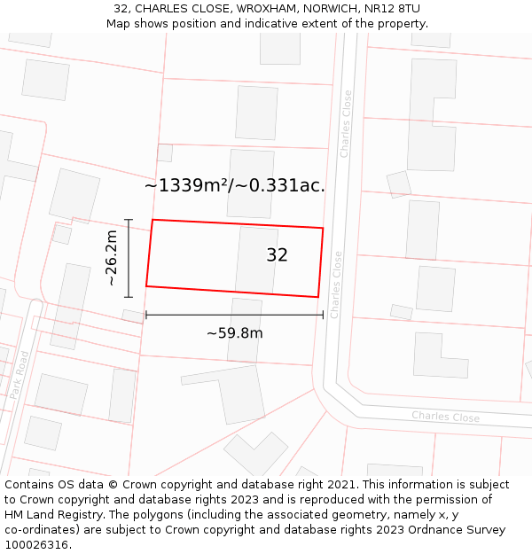 32, CHARLES CLOSE, WROXHAM, NORWICH, NR12 8TU: Plot and title map