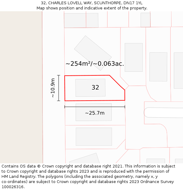 32, CHARLES LOVELL WAY, SCUNTHORPE, DN17 1YL: Plot and title map