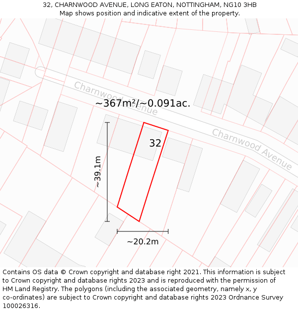 32, CHARNWOOD AVENUE, LONG EATON, NOTTINGHAM, NG10 3HB: Plot and title map
