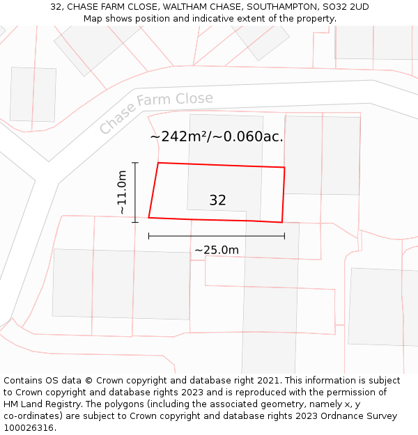 32, CHASE FARM CLOSE, WALTHAM CHASE, SOUTHAMPTON, SO32 2UD: Plot and title map