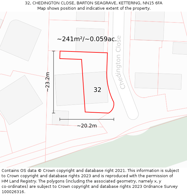 32, CHEDINGTON CLOSE, BARTON SEAGRAVE, KETTERING, NN15 6FA: Plot and title map