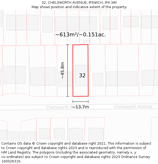 32, CHELSWORTH AVENUE, IPSWICH, IP4 3AY: Plot and title map