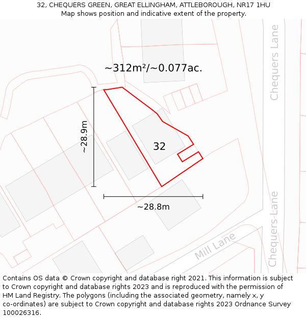 32, CHEQUERS GREEN, GREAT ELLINGHAM, ATTLEBOROUGH, NR17 1HU: Plot and title map