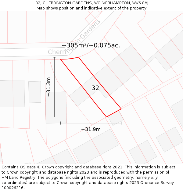 32, CHERRINGTON GARDENS, WOLVERHAMPTON, WV6 8AJ: Plot and title map