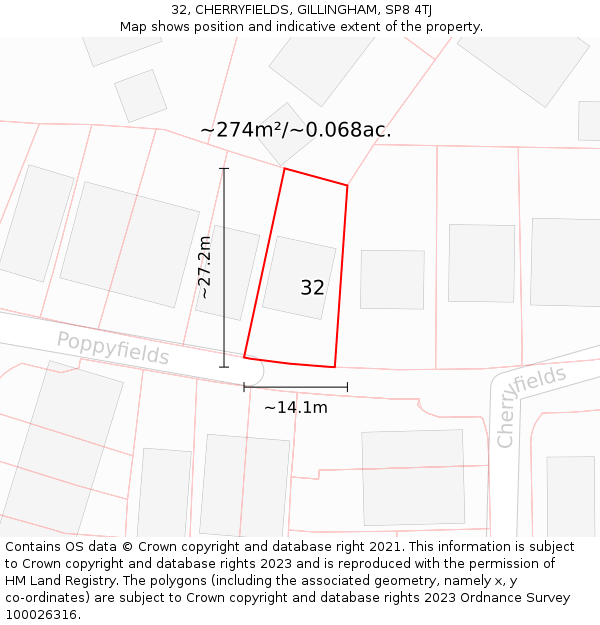 32, CHERRYFIELDS, GILLINGHAM, SP8 4TJ: Plot and title map