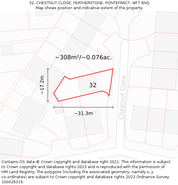 32, CHESTNUT CLOSE, FEATHERSTONE, PONTEFRACT, WF7 6NQ: Plot and title map