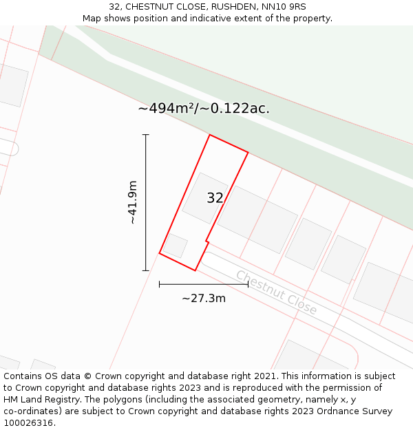 32, CHESTNUT CLOSE, RUSHDEN, NN10 9RS: Plot and title map
