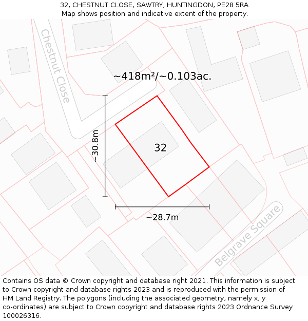 32, CHESTNUT CLOSE, SAWTRY, HUNTINGDON, PE28 5RA: Plot and title map