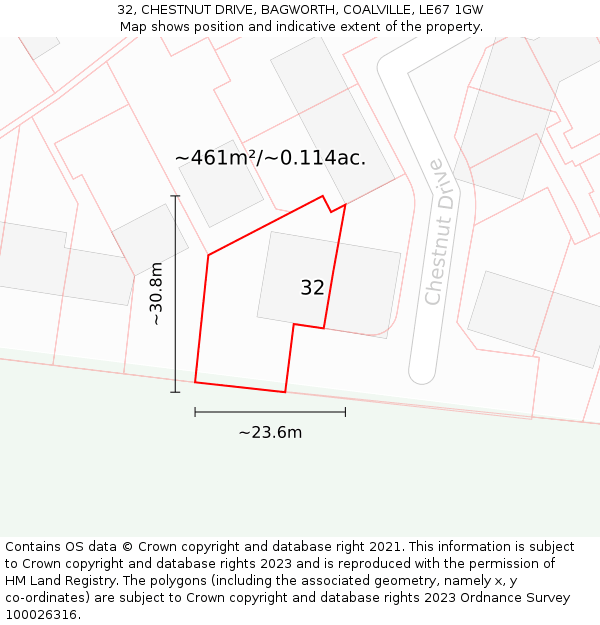 32, CHESTNUT DRIVE, BAGWORTH, COALVILLE, LE67 1GW: Plot and title map