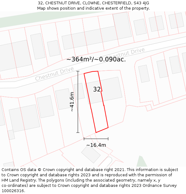 32, CHESTNUT DRIVE, CLOWNE, CHESTERFIELD, S43 4JG: Plot and title map