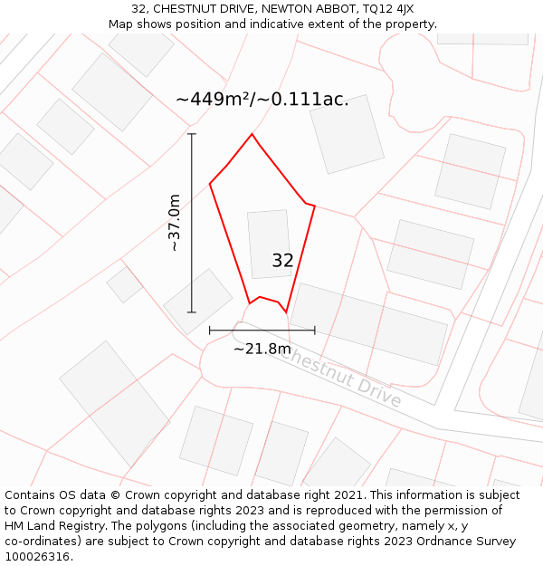 32, CHESTNUT DRIVE, NEWTON ABBOT, TQ12 4JX: Plot and title map