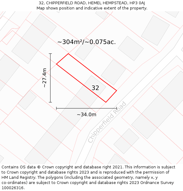 32, CHIPPERFIELD ROAD, HEMEL HEMPSTEAD, HP3 0AJ: Plot and title map