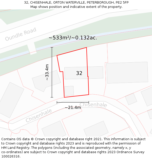 32, CHISENHALE, ORTON WATERVILLE, PETERBOROUGH, PE2 5FP: Plot and title map