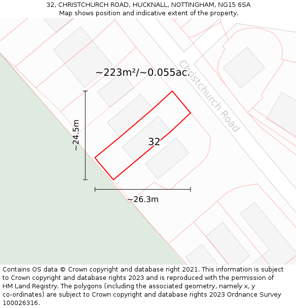 32, CHRISTCHURCH ROAD, HUCKNALL, NOTTINGHAM, NG15 6SA: Plot and title map