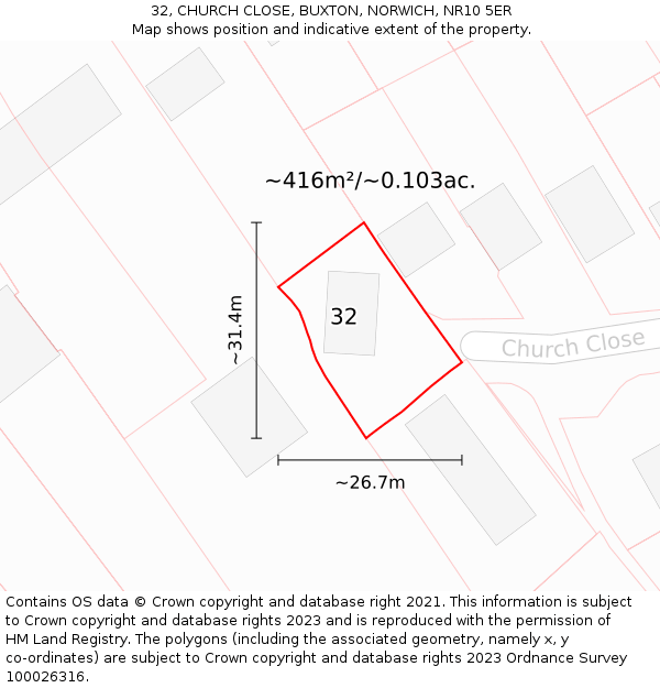 32, CHURCH CLOSE, BUXTON, NORWICH, NR10 5ER: Plot and title map