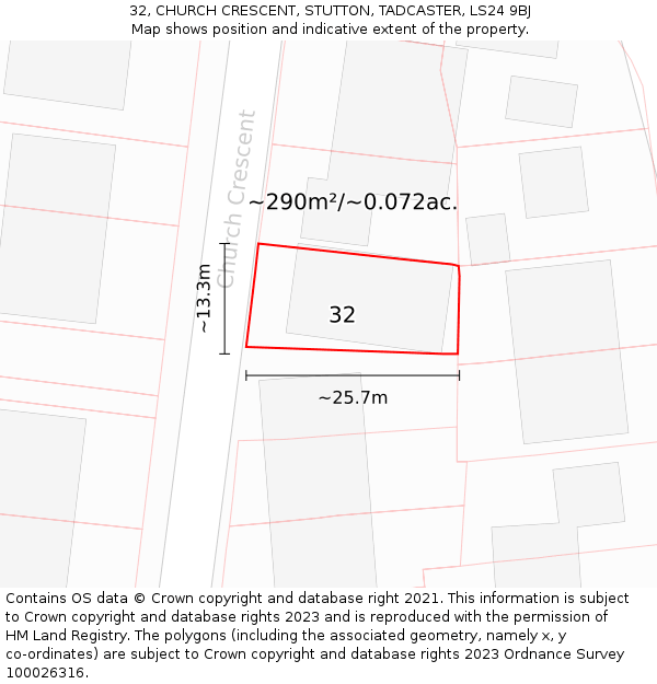 32, CHURCH CRESCENT, STUTTON, TADCASTER, LS24 9BJ: Plot and title map