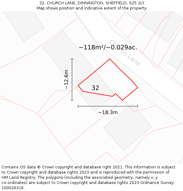 32, CHURCH LANE, DINNINGTON, SHEFFIELD, S25 2LY: Plot and title map