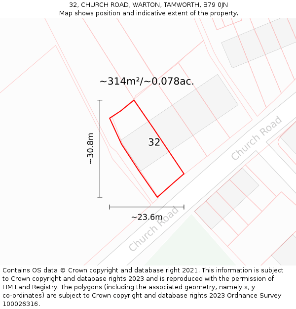 32, CHURCH ROAD, WARTON, TAMWORTH, B79 0JN: Plot and title map