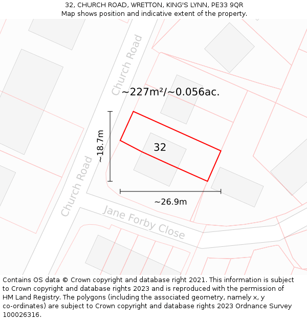 32, CHURCH ROAD, WRETTON, KING'S LYNN, PE33 9QR: Plot and title map