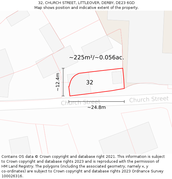 32, CHURCH STREET, LITTLEOVER, DERBY, DE23 6GD: Plot and title map