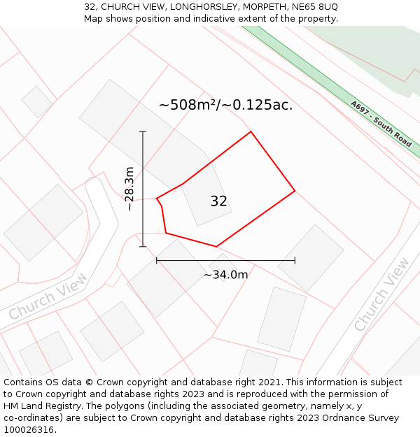 32, CHURCH VIEW, LONGHORSLEY, MORPETH, NE65 8UQ: Plot and title map