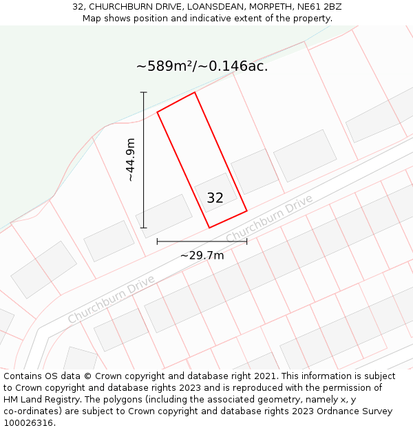 32, CHURCHBURN DRIVE, LOANSDEAN, MORPETH, NE61 2BZ: Plot and title map