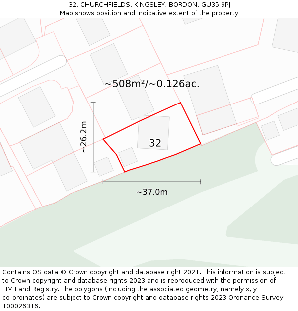 32, CHURCHFIELDS, KINGSLEY, BORDON, GU35 9PJ: Plot and title map