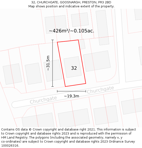 32, CHURCHGATE, GOOSNARGH, PRESTON, PR3 2BD: Plot and title map