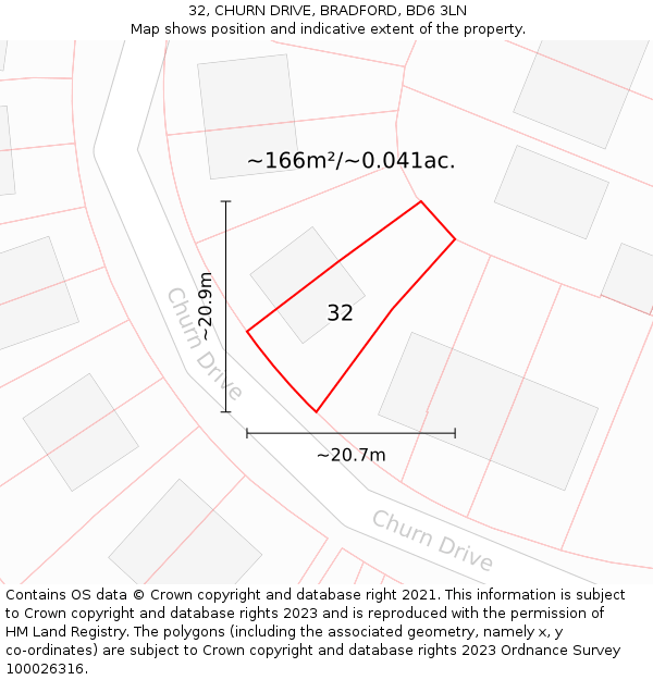 32, CHURN DRIVE, BRADFORD, BD6 3LN: Plot and title map