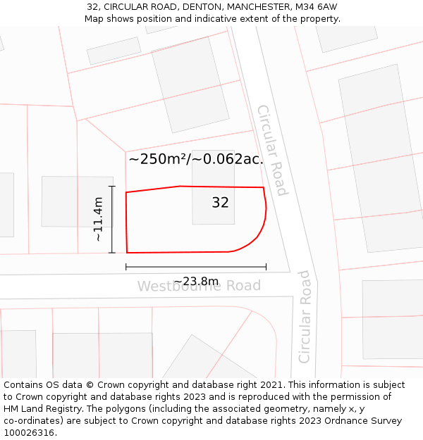 32, CIRCULAR ROAD, DENTON, MANCHESTER, M34 6AW: Plot and title map