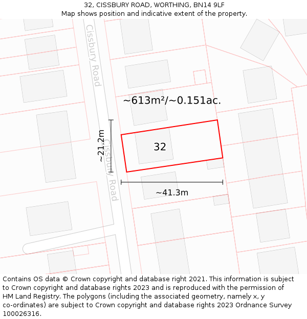 32, CISSBURY ROAD, WORTHING, BN14 9LF: Plot and title map