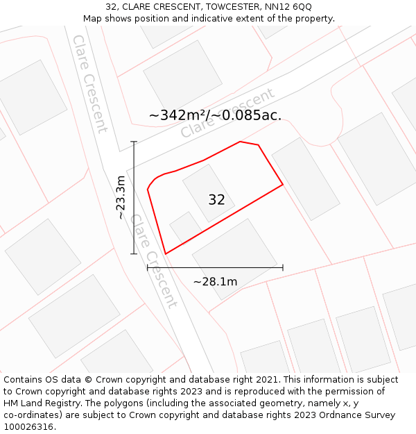 32, CLARE CRESCENT, TOWCESTER, NN12 6QQ: Plot and title map