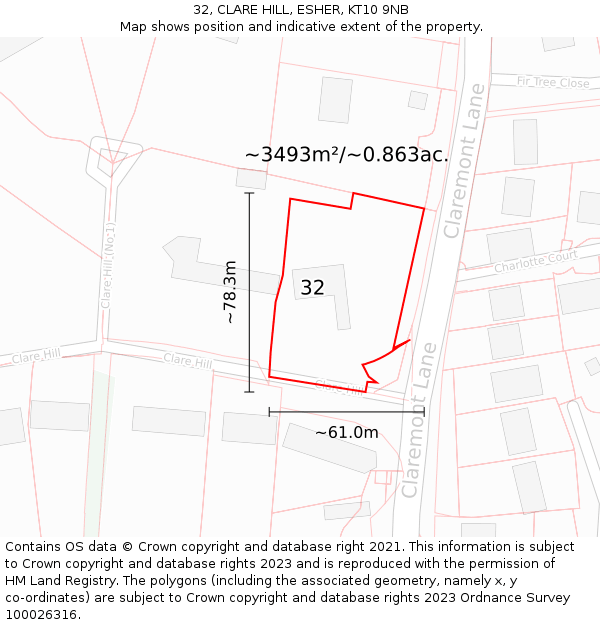 32, CLARE HILL, ESHER, KT10 9NB: Plot and title map